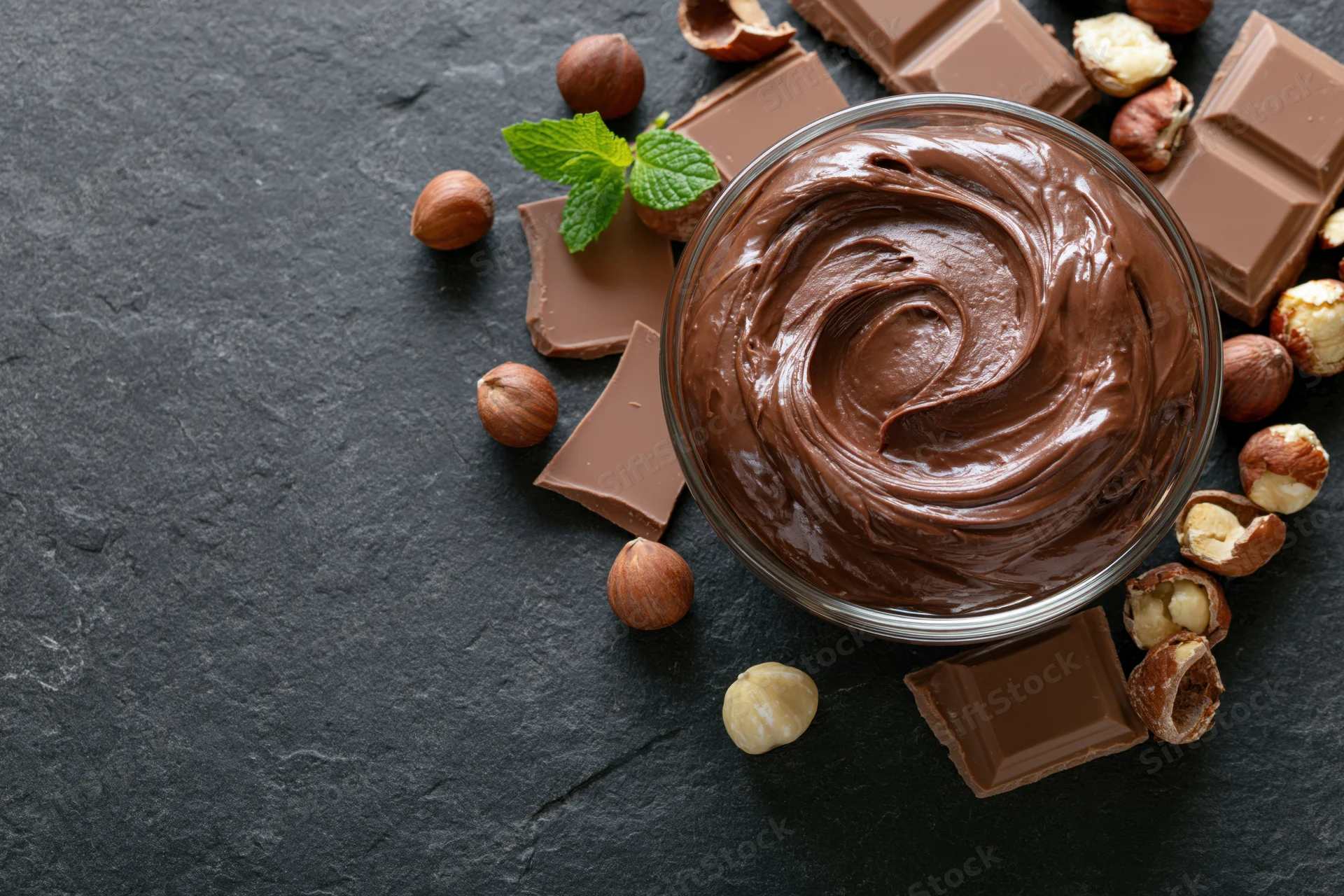 Swirled chocolate hazelnut spread in a glass bowl surrounded by chocolate pieces and hazelnuts on dark slate surface