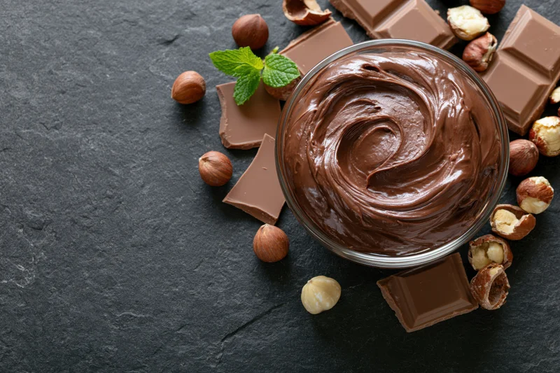 Swirled chocolate hazelnut spread in a glass bowl surrounded by chocolate pieces and hazelnuts on dark slate surface