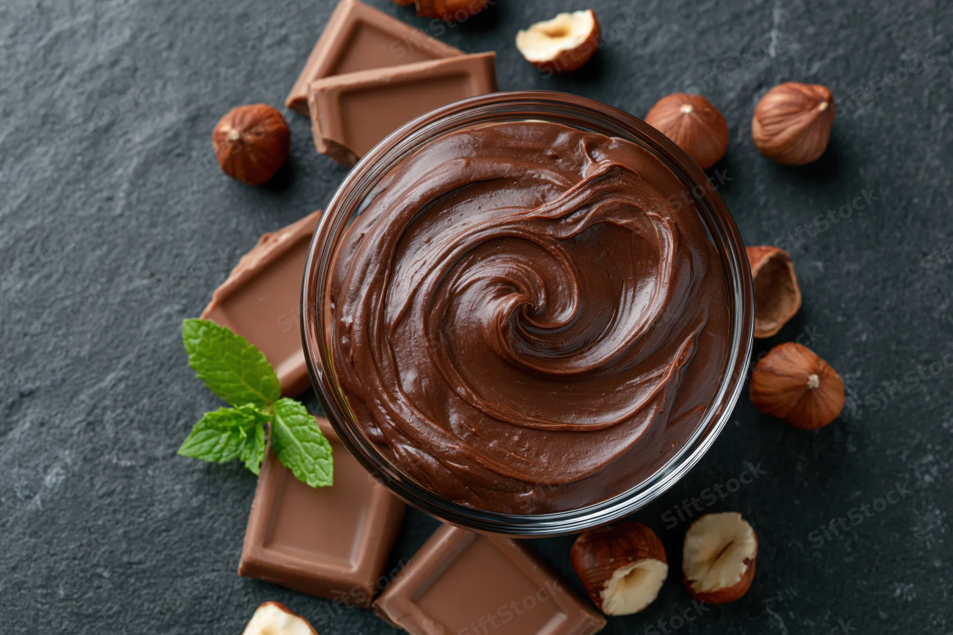 Swirled chocolate hazelnut spread in a glass bowl surrounded by chocolate pieces and hazelnuts on dark surface