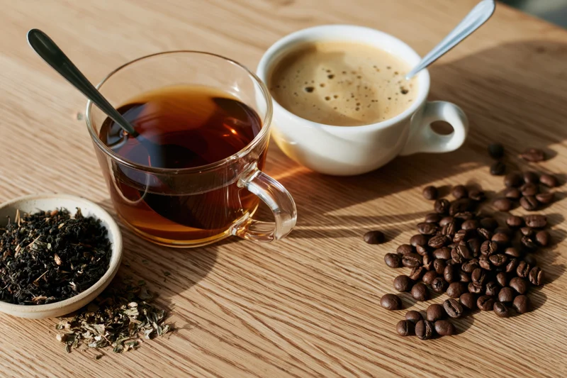 Glass mug of dark brewed tea and white ceramic cup of frothy coffee on wooden table with scattered coffee beans and tea leaves