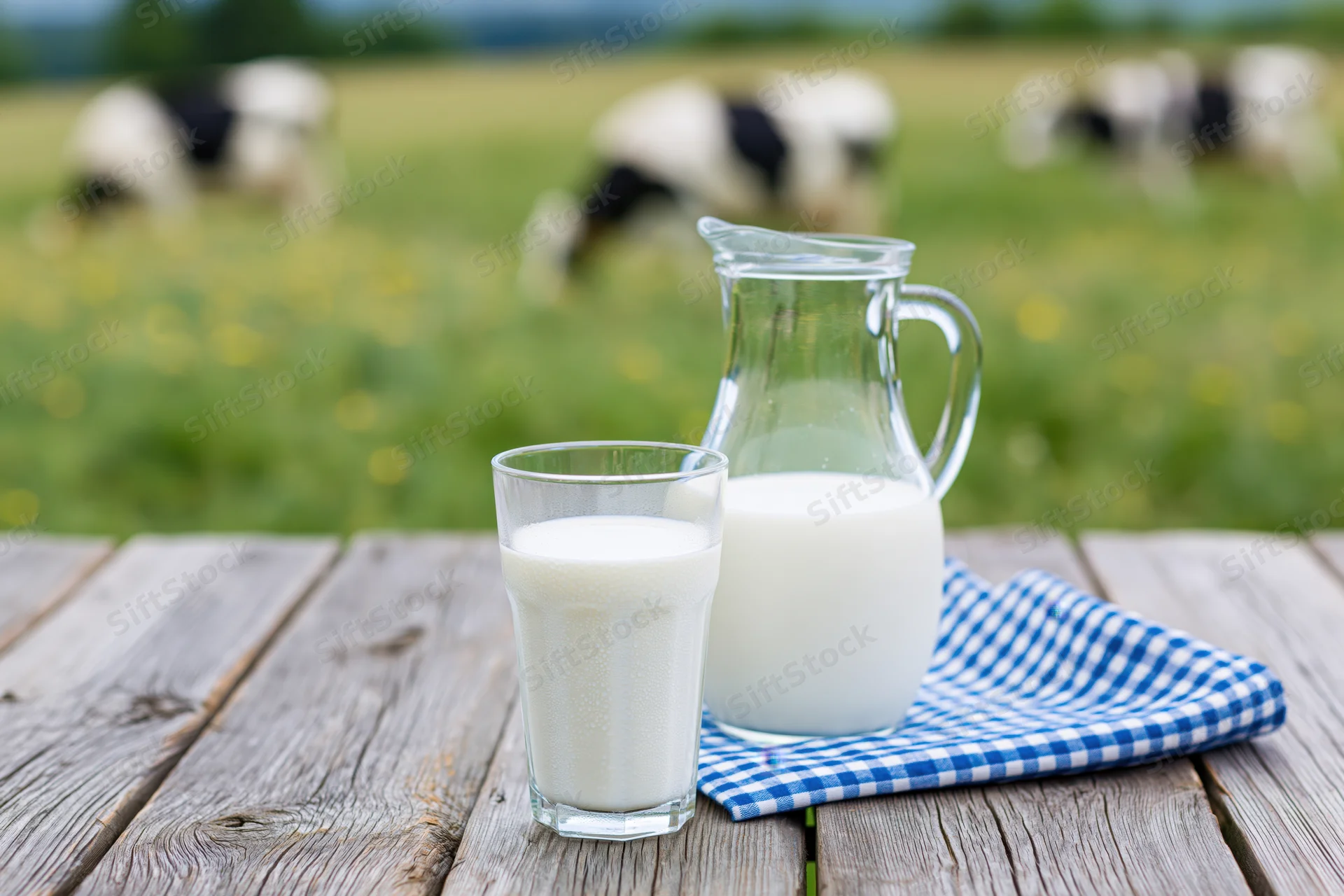 Glass of milk and pitcher on wooden table with cows grazing in field behind