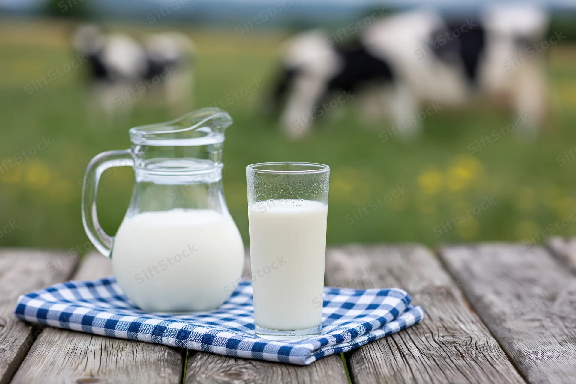 Glass of milk and pitcher on wooden table with cows in pasture background