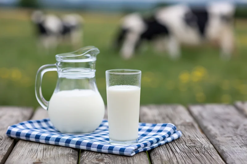 Glass of milk and pitcher on wooden table with cows in pasture background