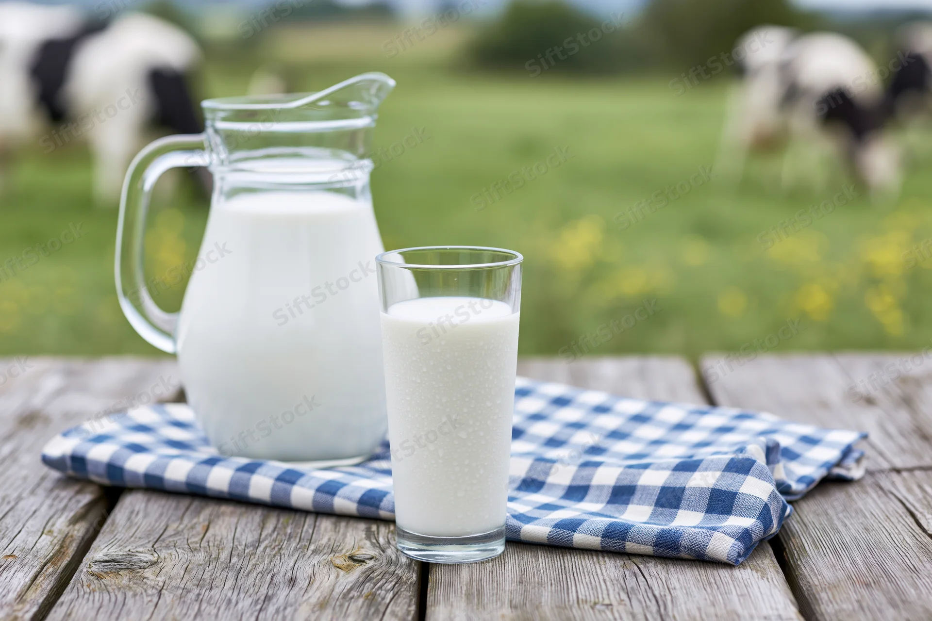 Glass of milk and pitcher on wooden table with cows in green field background