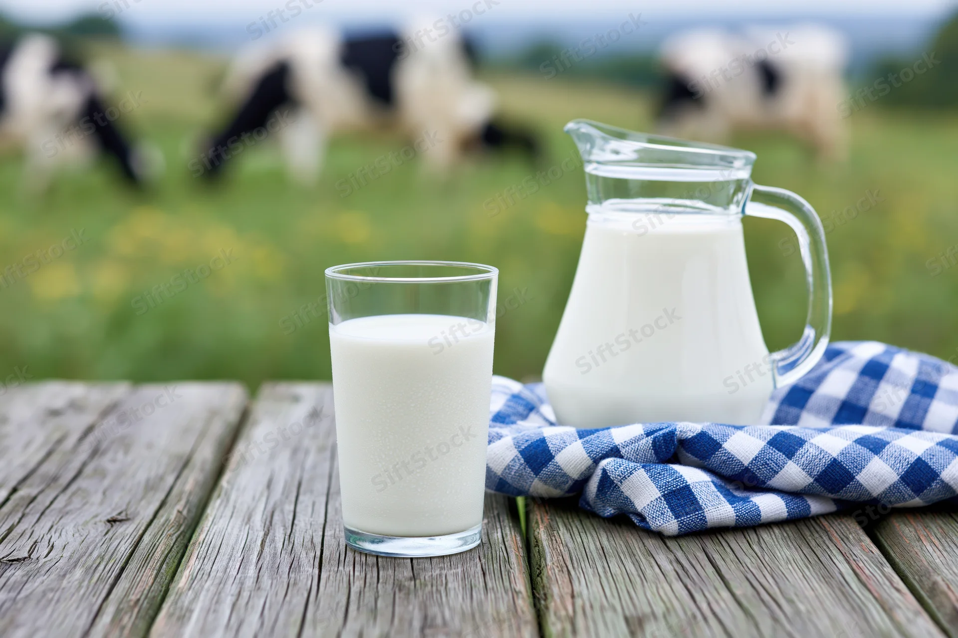 Glass of fresh milk and a pitcher on a wooden table with cows in a pasture behind