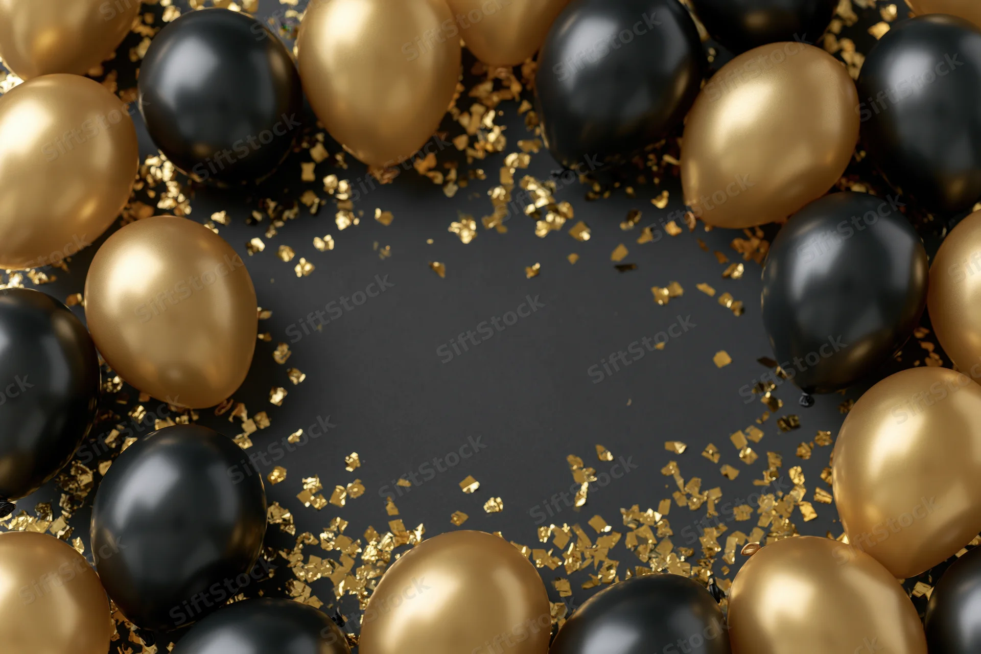 Black and gold metallic balloons arranged in a circular border frame with scattered gold confetti on a dark surface, leaving central copyspace