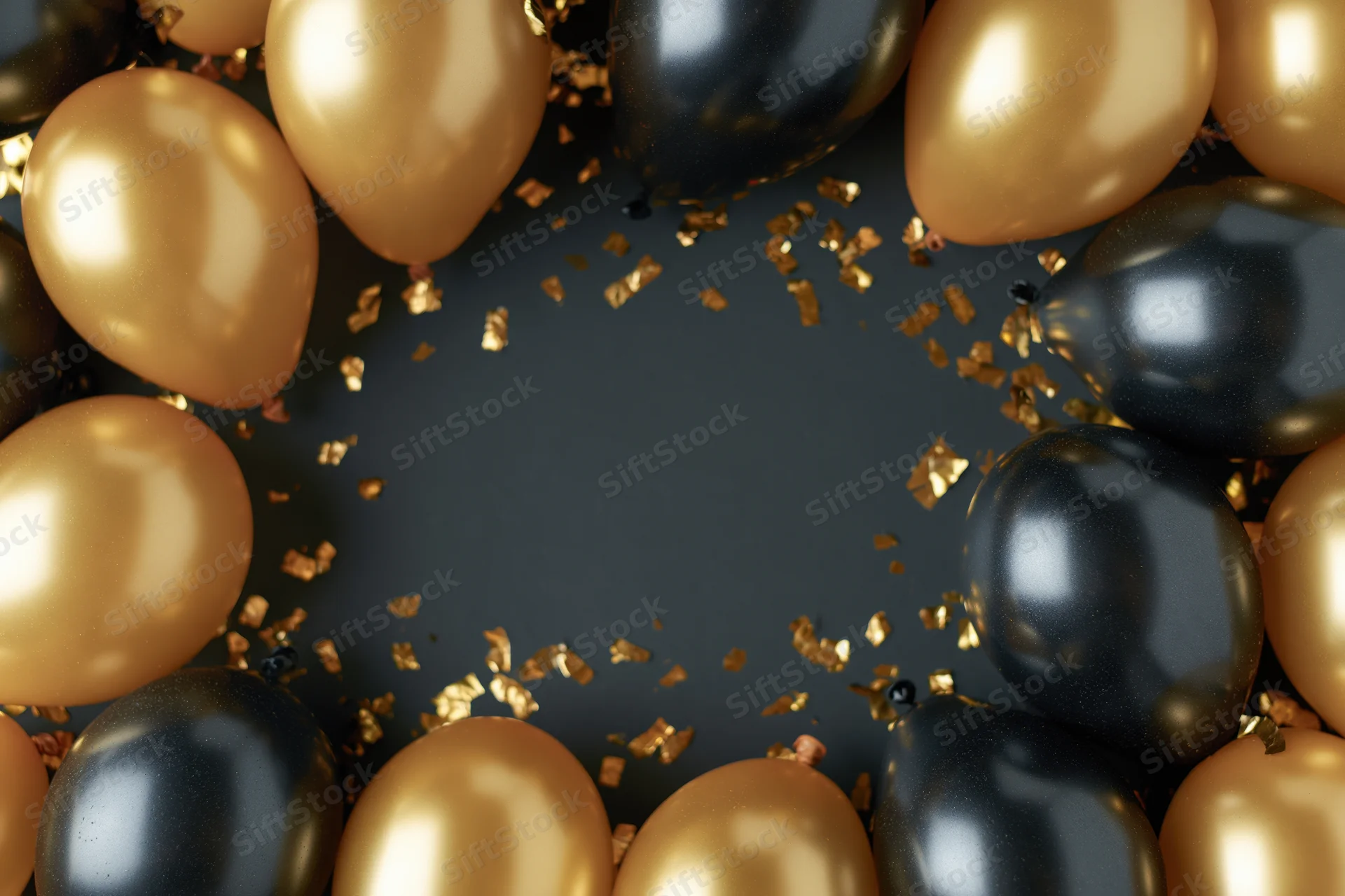 Gold and black metallic balloons arranged in a circular border frame with scattered confetti on a dark surface