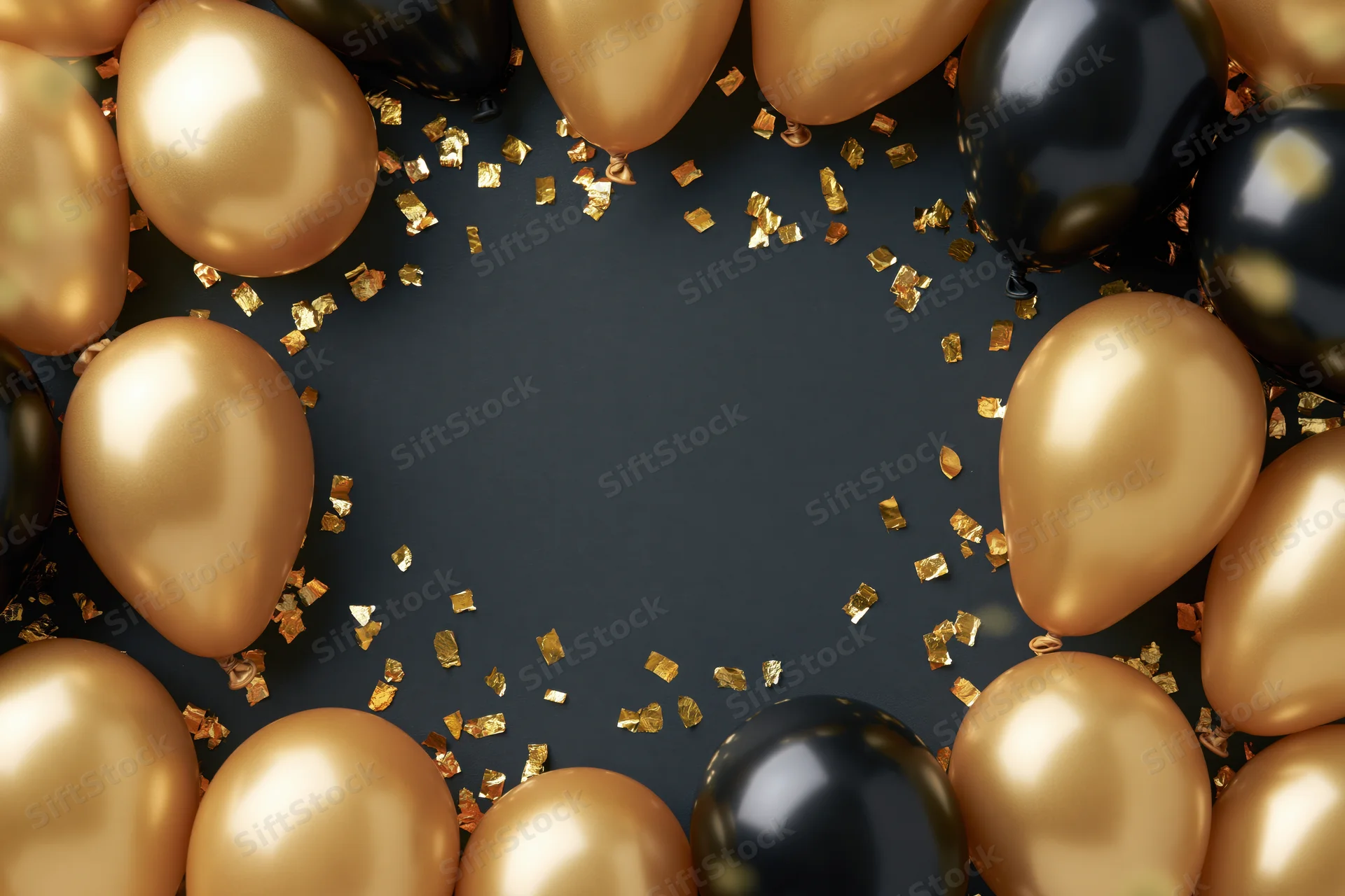 Gold and black metallic balloons arranged in a circular border frame with scattered confetti on a dark background, leaving central copyspace