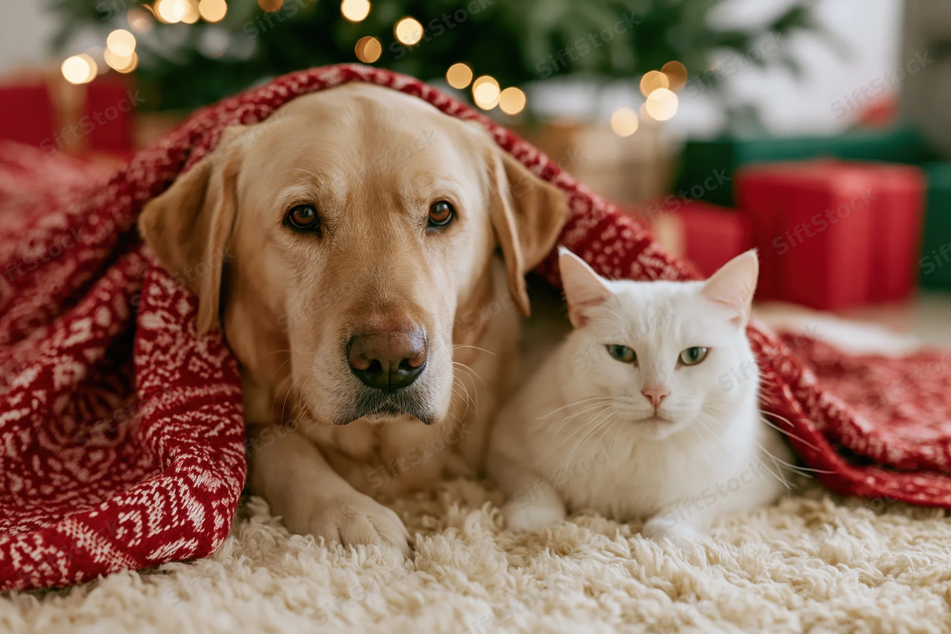 Golden labrador and white cat huddled together under red blanket on carpet near christmas tree with lights and gifts