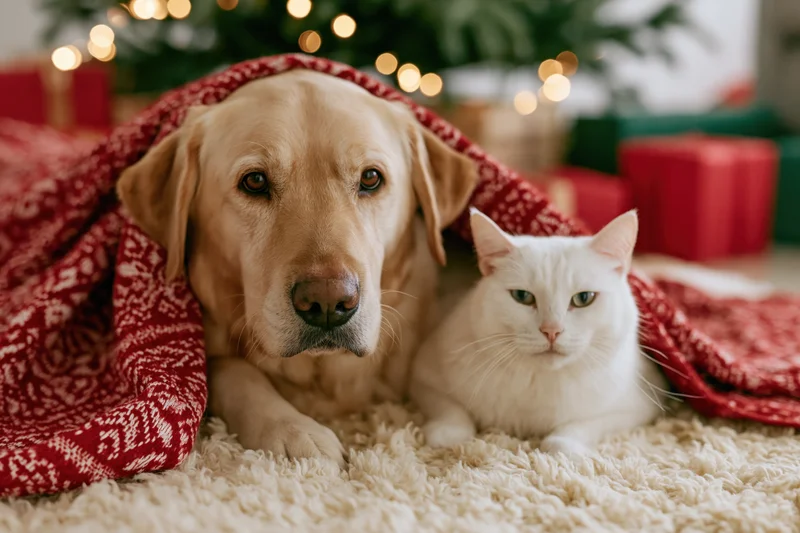 Golden labrador and white cat huddled together under red blanket on carpet near christmas tree with lights and gifts