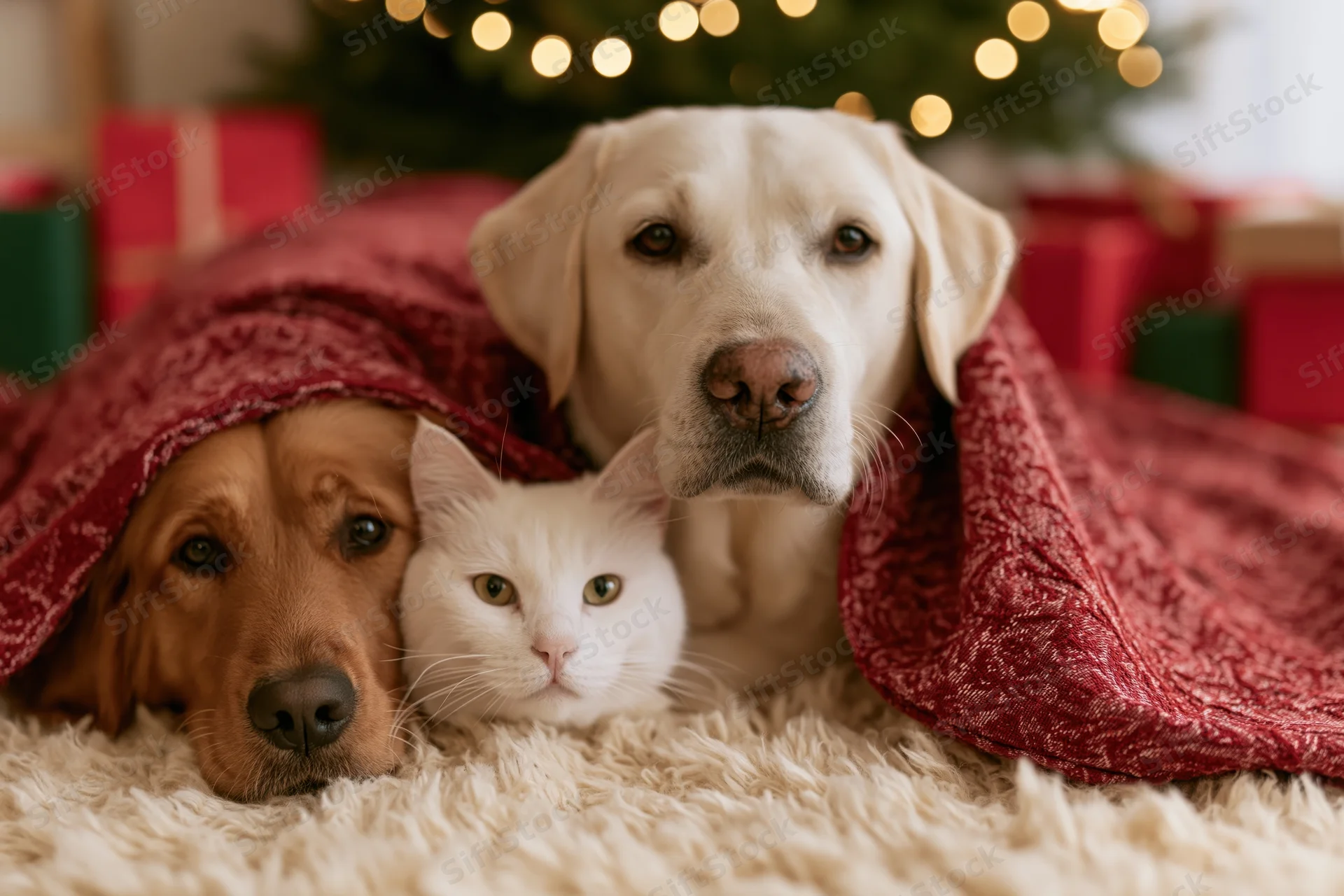Golden labrador retriever and white cat huddled under red blanket on fluffy rug near christmas tree with lights and gifts