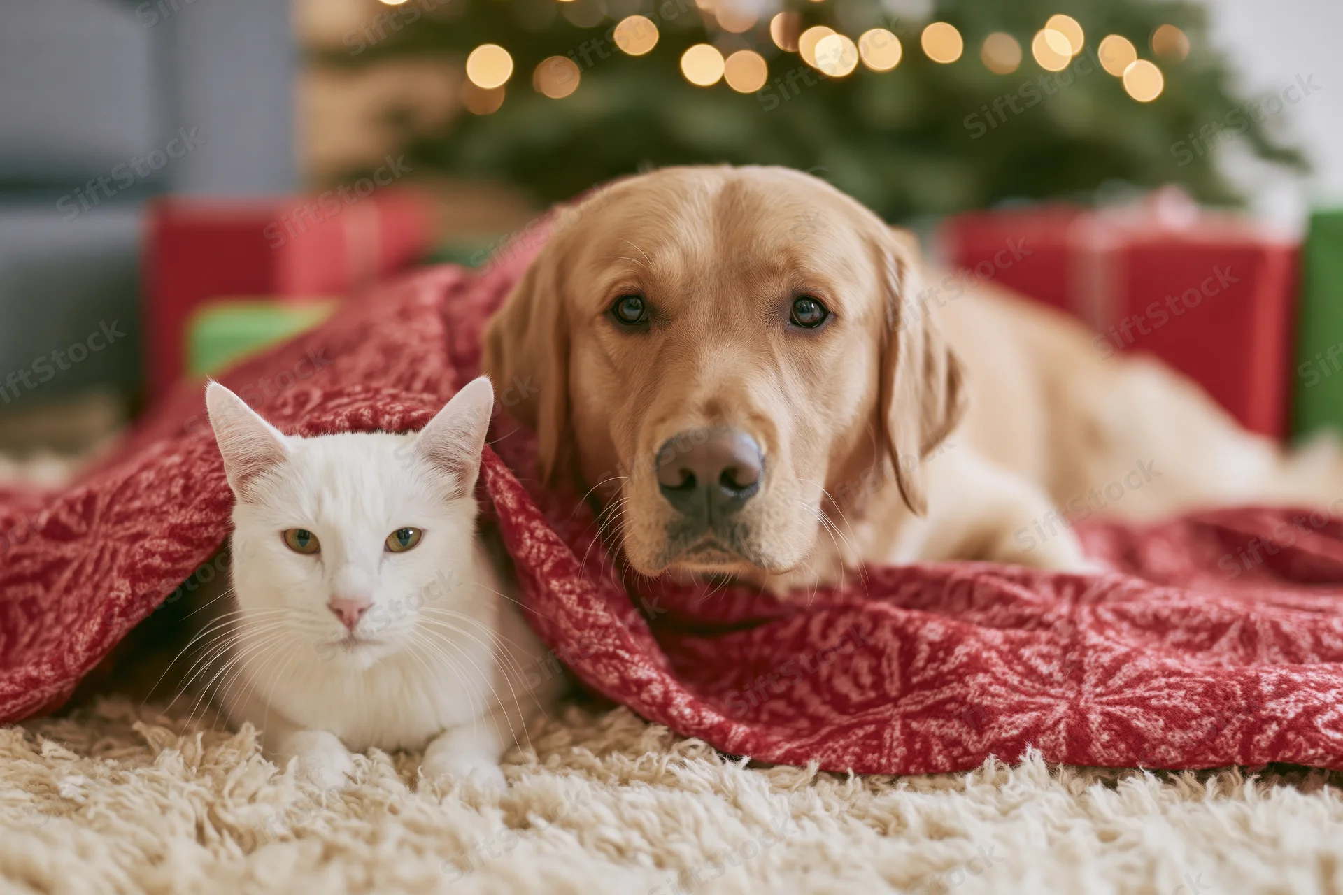 Golden retriever and white cat huddled together under red blanket on carpet near christmas tree with gifts and lights