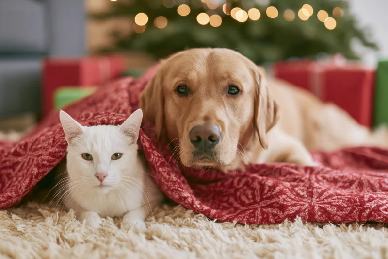 Golden retriever and white cat huddled together under red blanket on carpet near christmas tree with gifts and lights