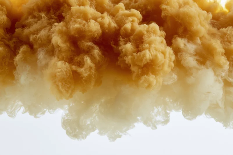 Golden amber ink dispersing in clear water forming swirling cloud patterns
