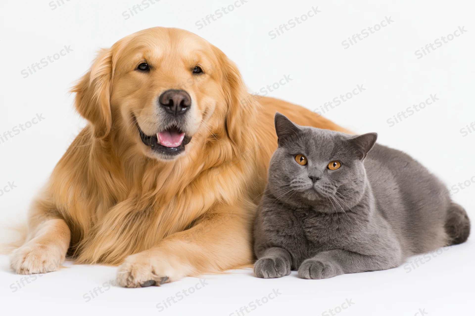 Golden retriever lying down with mouth open beside a grey british shorthair cat on white background