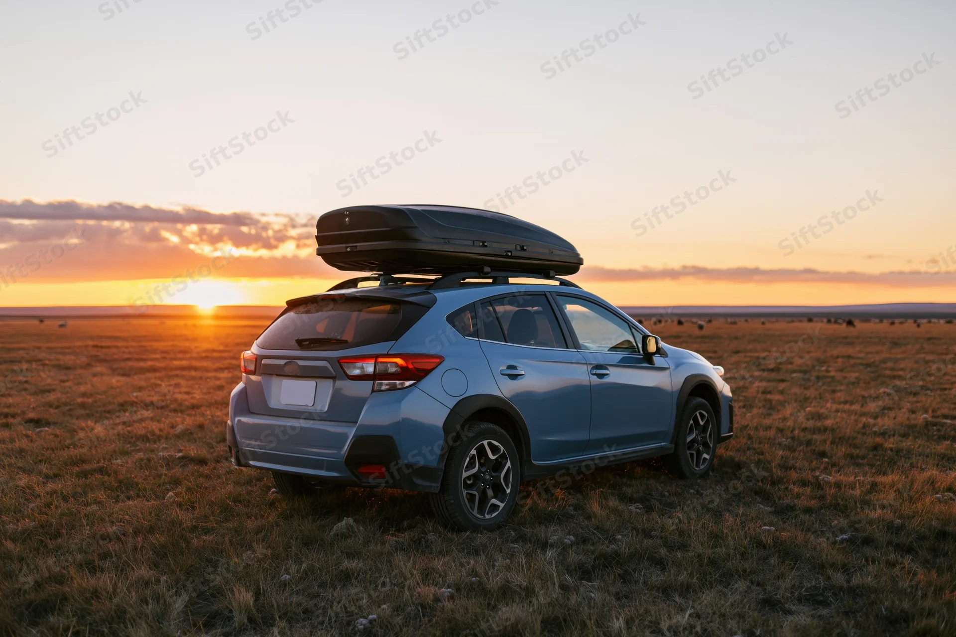 Grey-blue compact suv with black rooftop cargo box parked in grassy field at sunset