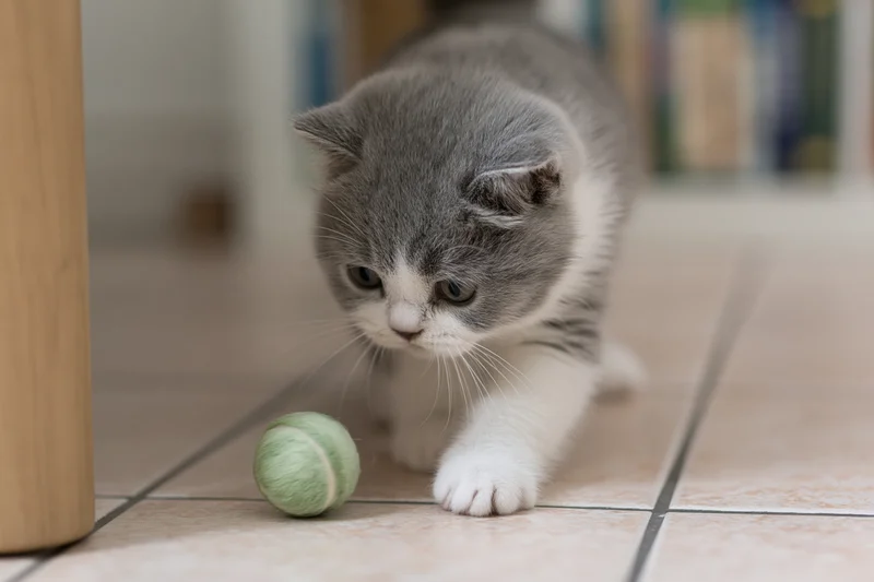 Grey and white british shorthair kitten batting a small green ball on tiled floor