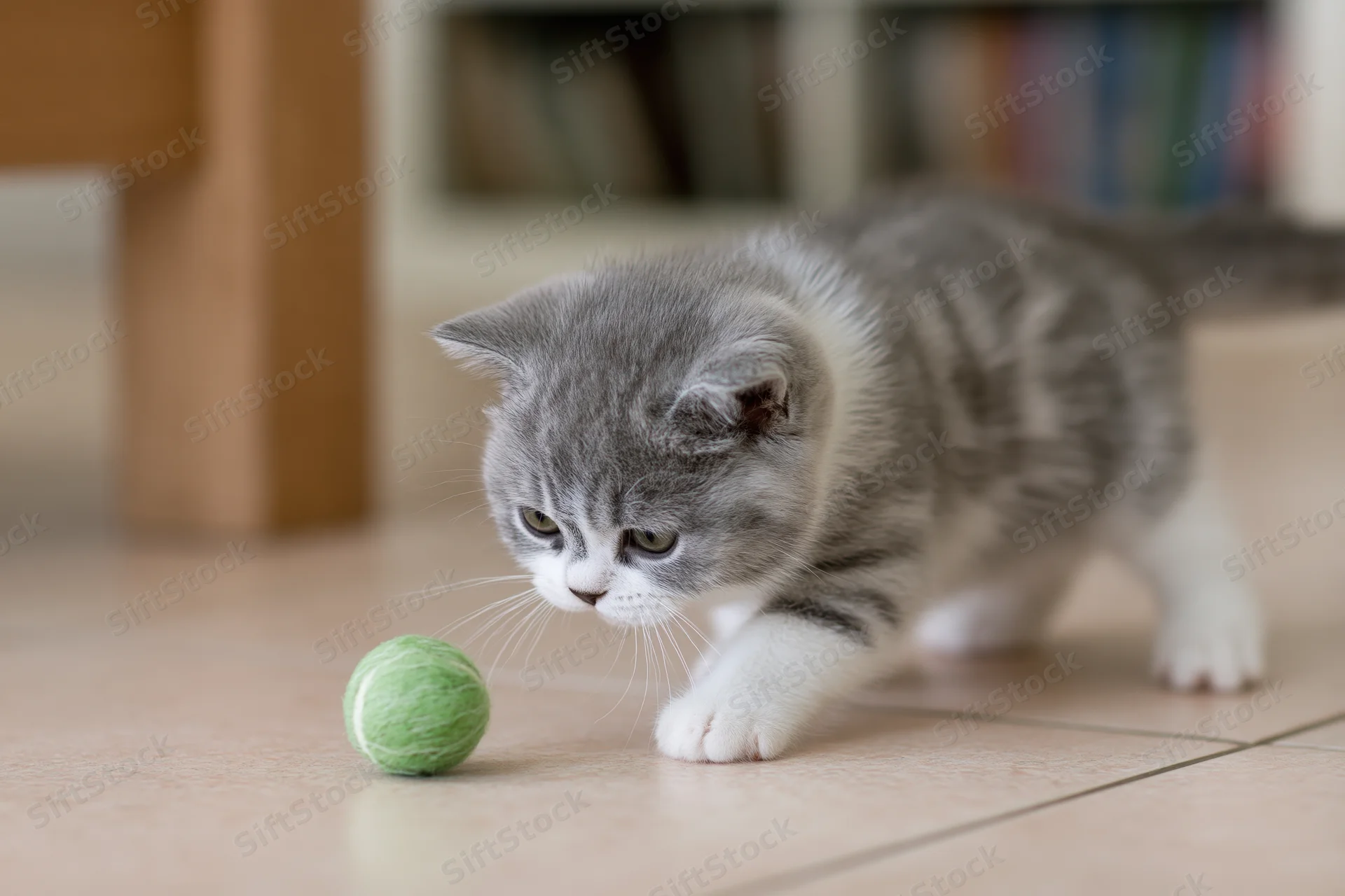 Grey and white british shorthair kitten batting a small green ball on tiled floor indoors