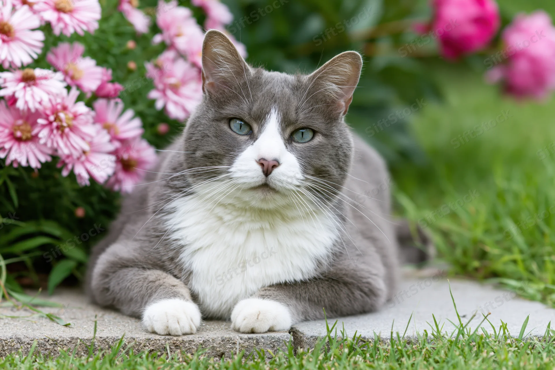 Gray and white domestic cat lying on a low flat stone in a garden with pink flowers and green grass around it