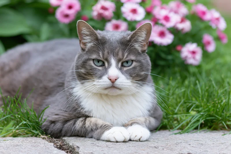 Gray and white domestic cat lying on a flat stone in a garden with pink flowers and green grass around