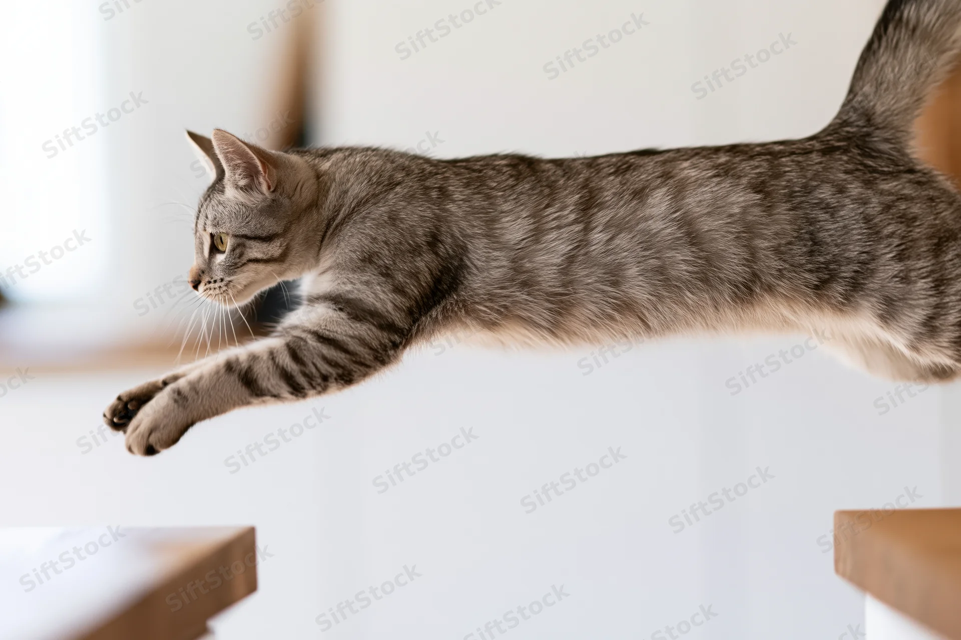 Grey tabby cat mid-leap between two wooden benches in indoor setting