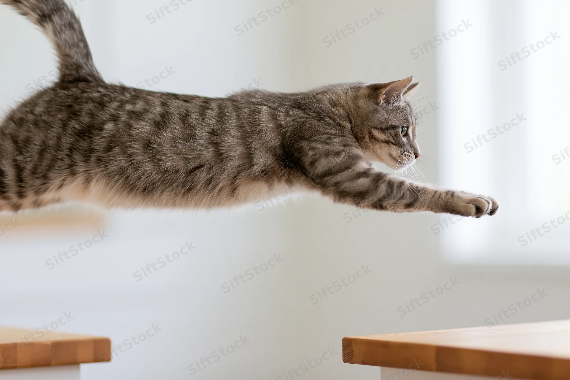 Grey tabby cat mid-leap between two wooden benches in indoor setting