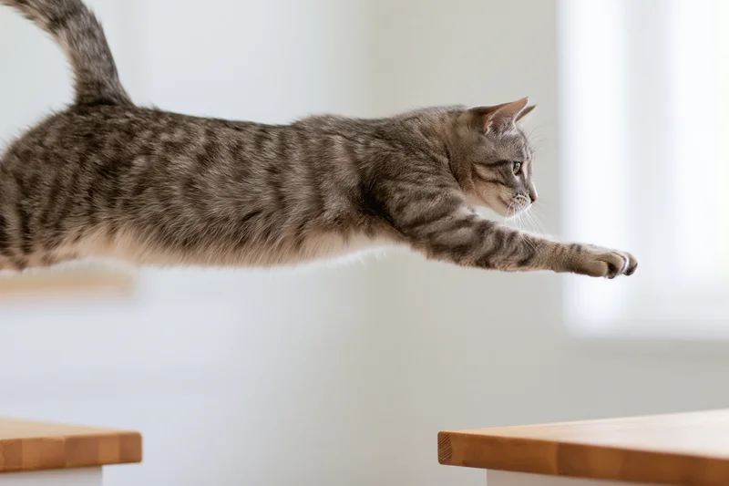 Grey tabby cat mid-leap between two wooden benches in indoor setting