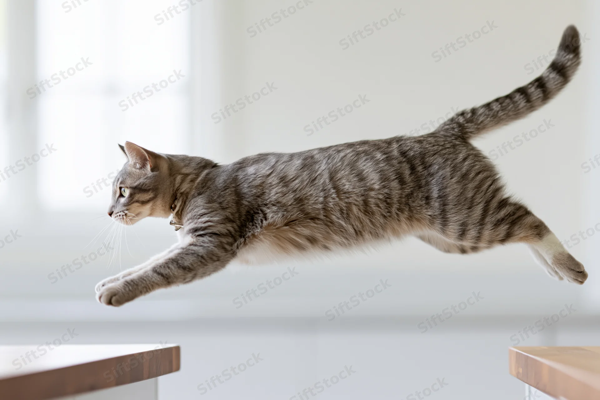 Grey tabby cat mid-leap between two wooden benches in indoor setting