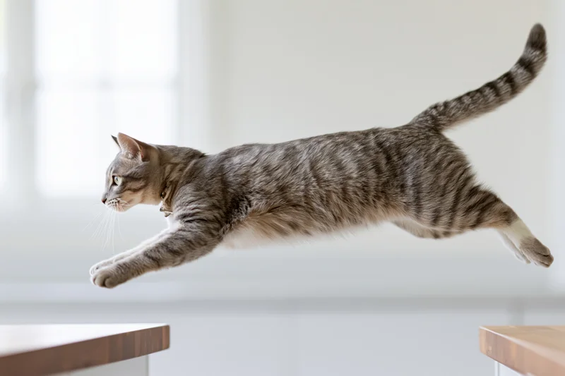 Grey tabby cat mid-leap between two wooden benches in indoor setting