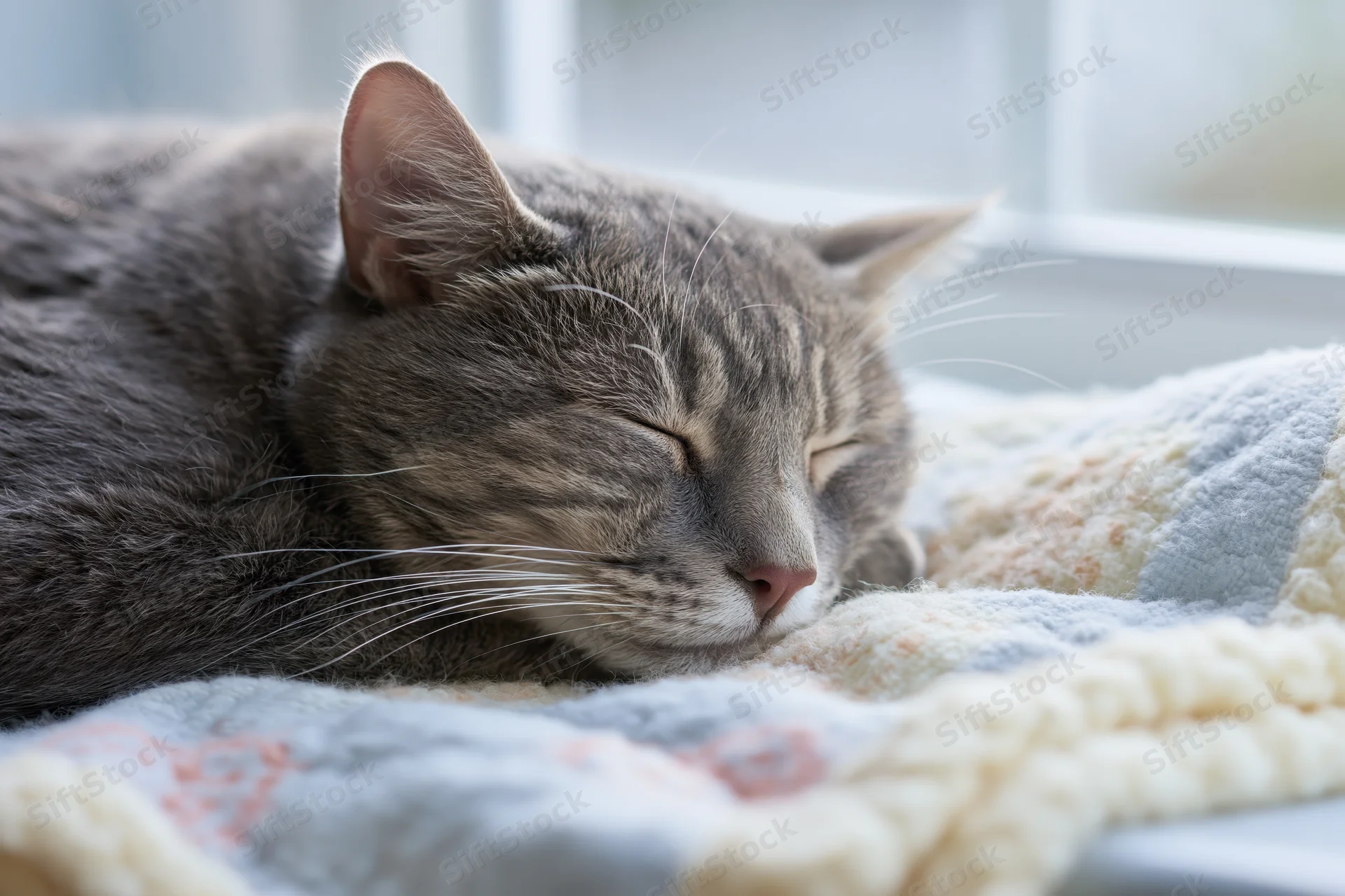Grey tabby cat sleeping curled on a soft patterned blanket near a window