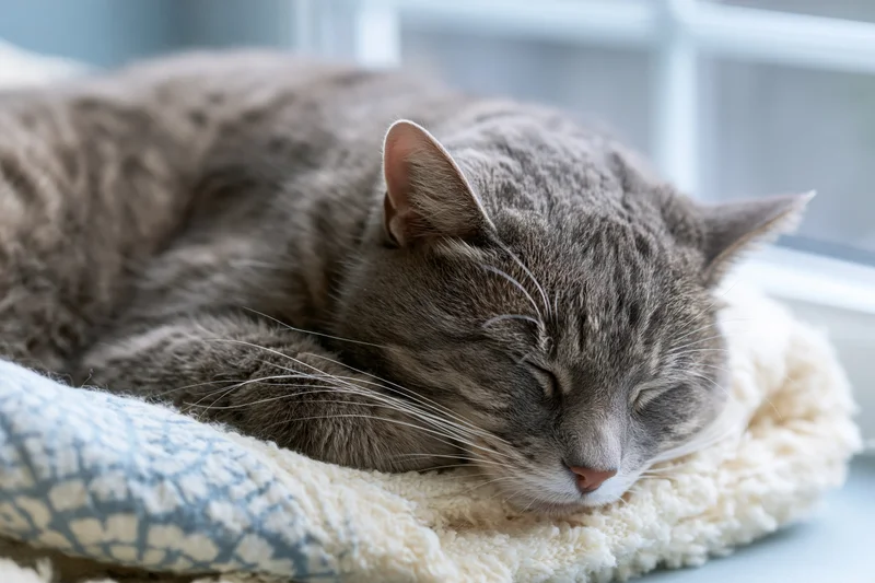 Grey tabby cat sleeping curled on soft patterned blanket near window