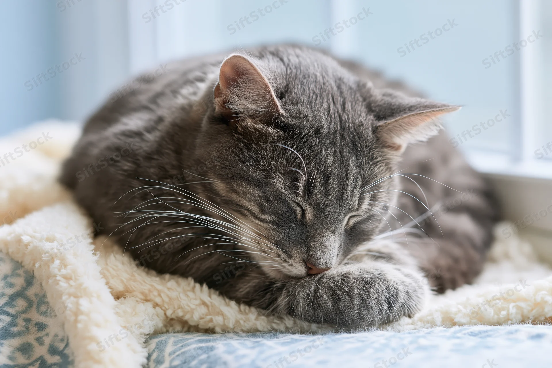 Grey tabby cat sleeping curled on soft patterned blanket near window