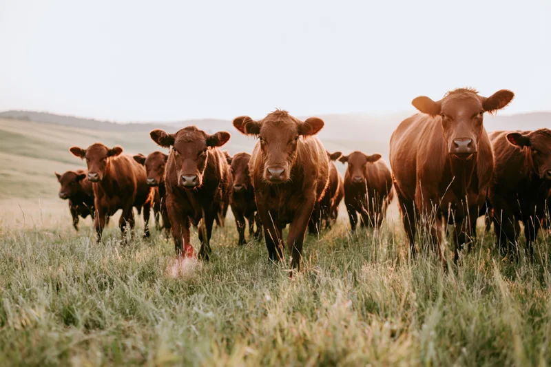 Herd of red angus cattle walking toward camera across a grassy pasture