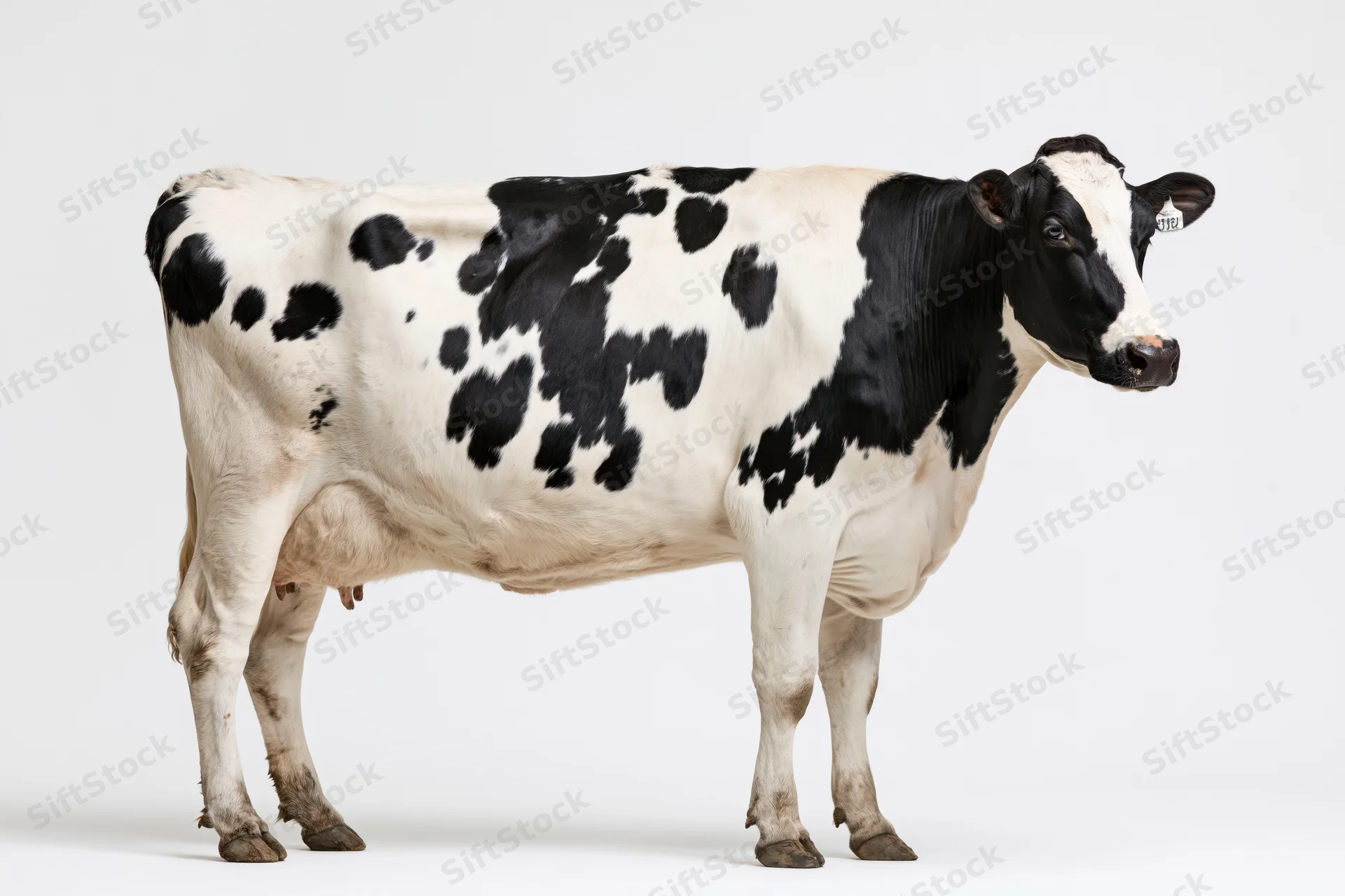Holstein dairy cow standing in profile with head turned slightly to the side on white background