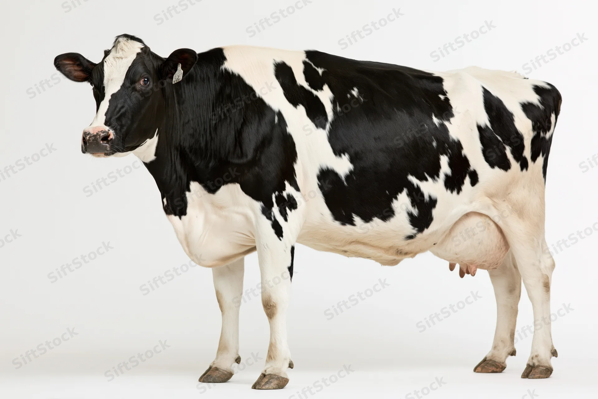 Holstein dairy cow standing in profile with head turned slightly to the side on white background