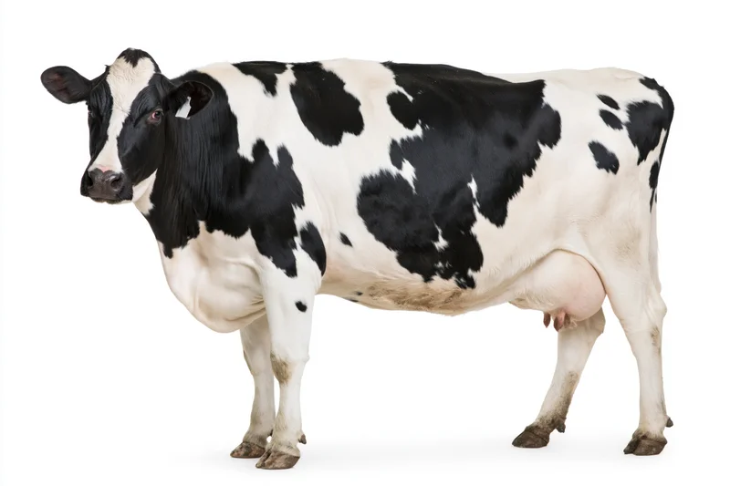 Holstein dairy cow standing in profile with head turned slightly toward camera on white background