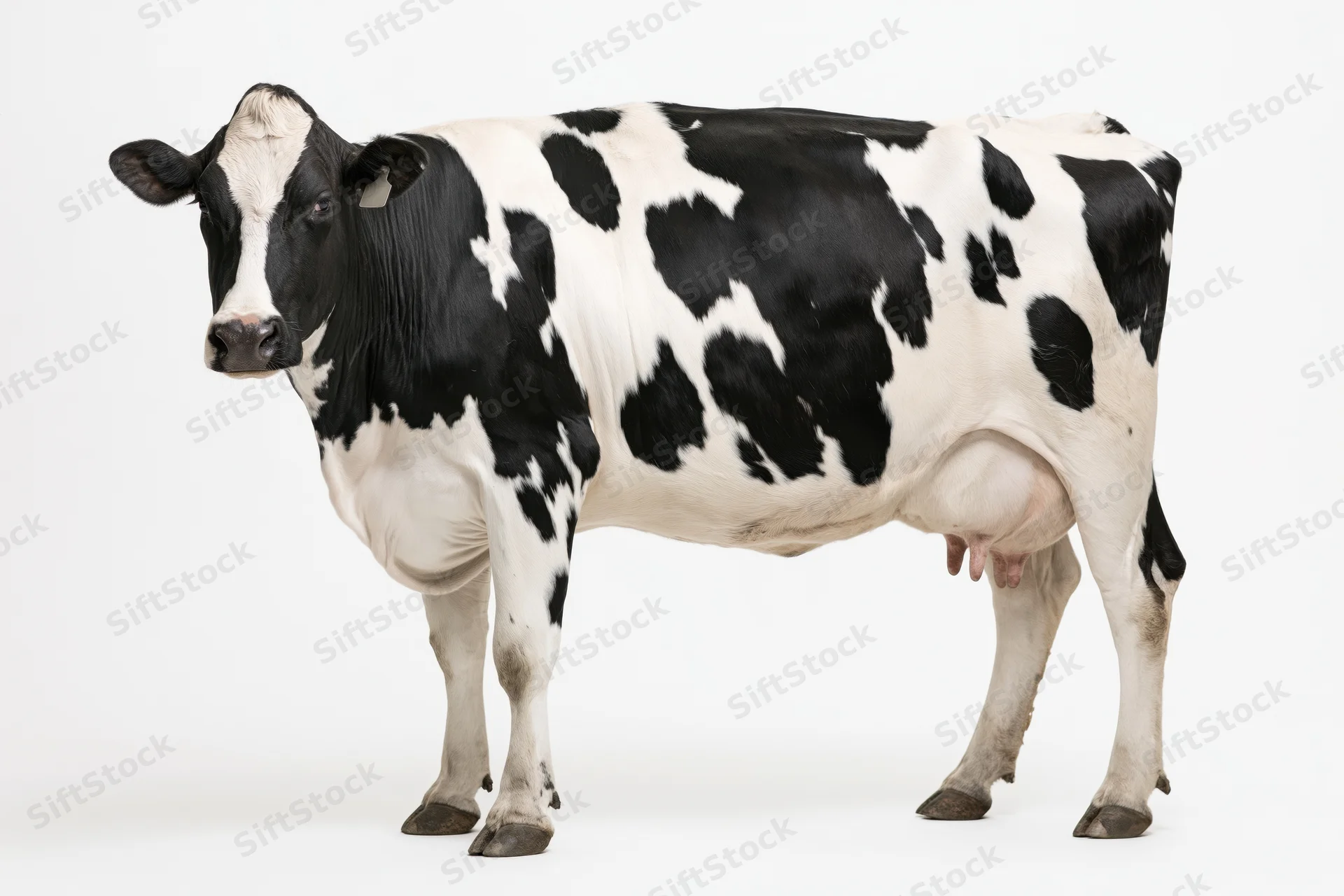 Holstein dairy cow standing in profile with head turned slightly toward camera on white background