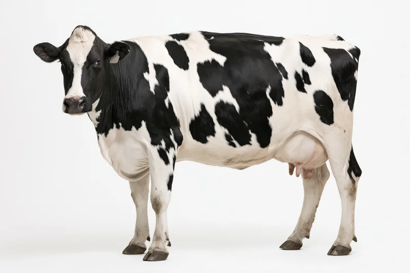 Holstein dairy cow standing in profile with head turned slightly toward camera on white background