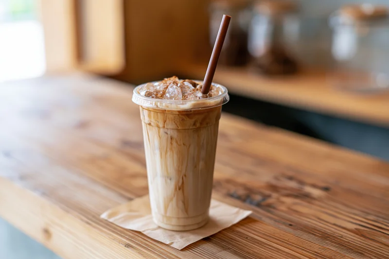 Iced latte in a clear plastic takeaway cup with a brown straw on a wooden table in a cafe