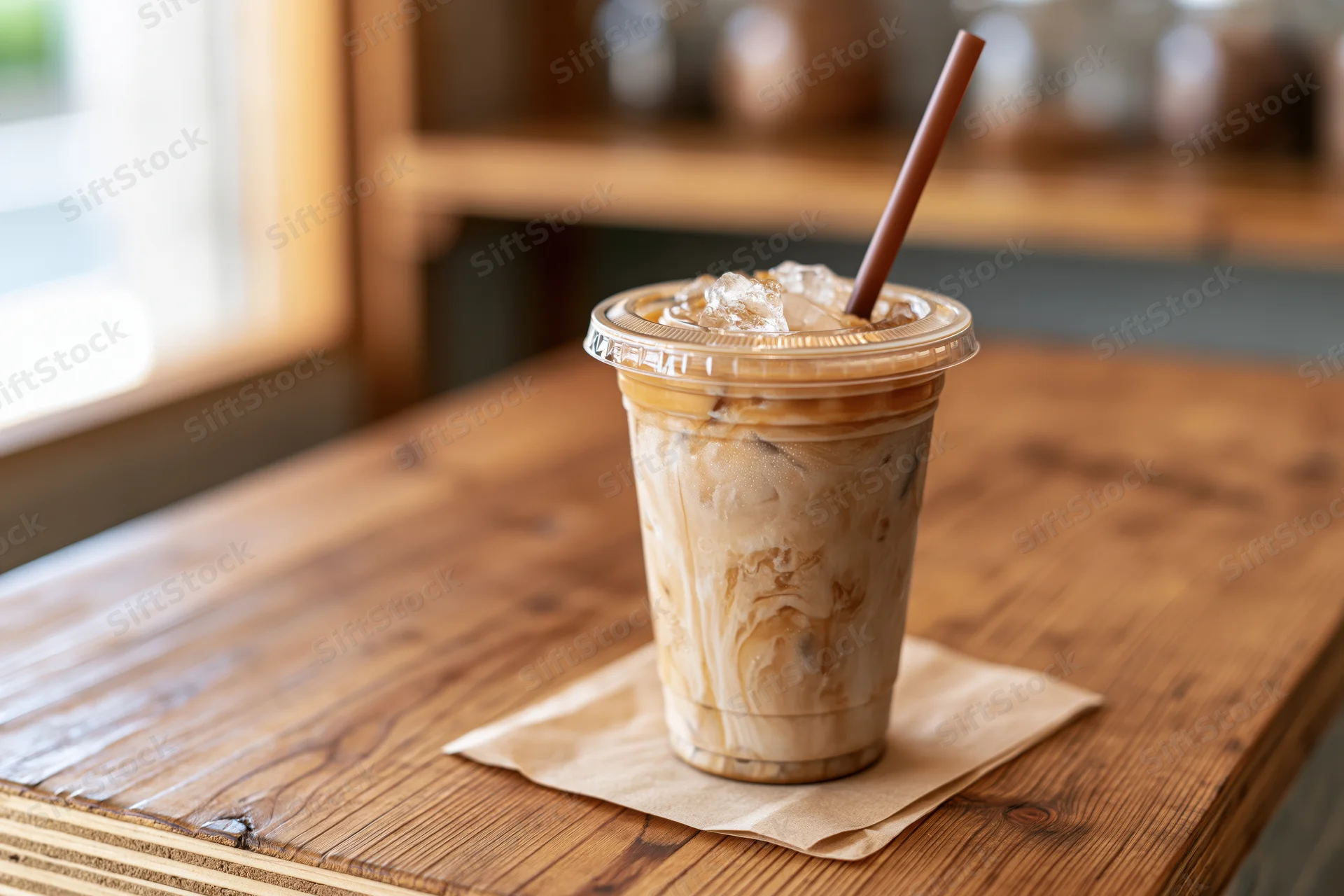 Iced latte in a clear plastic takeaway cup with a brown straw on a wooden table in a cafe interior