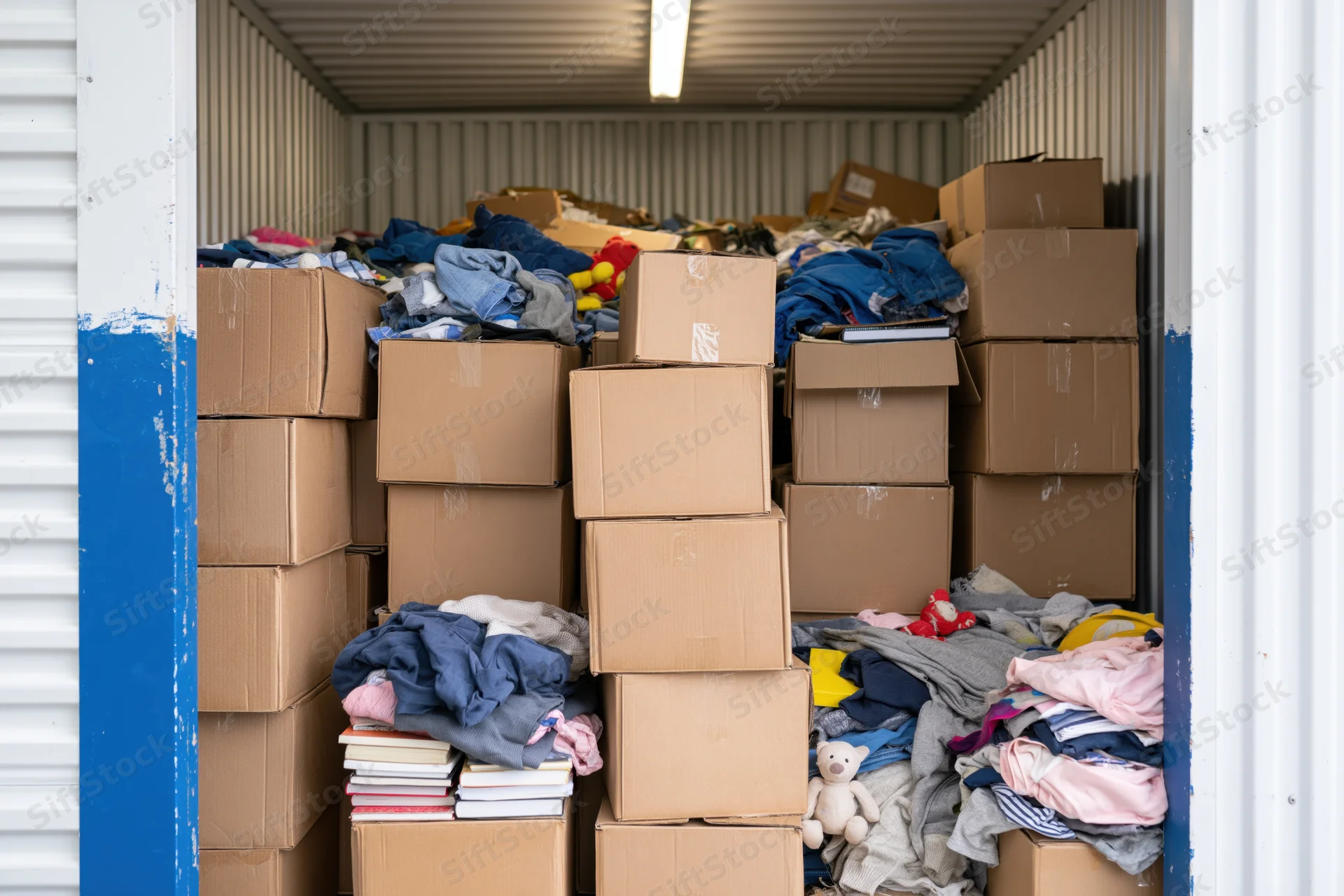 Packed self-storage unit filled with stacked cardboard boxes and household items including clothes, books, and toys