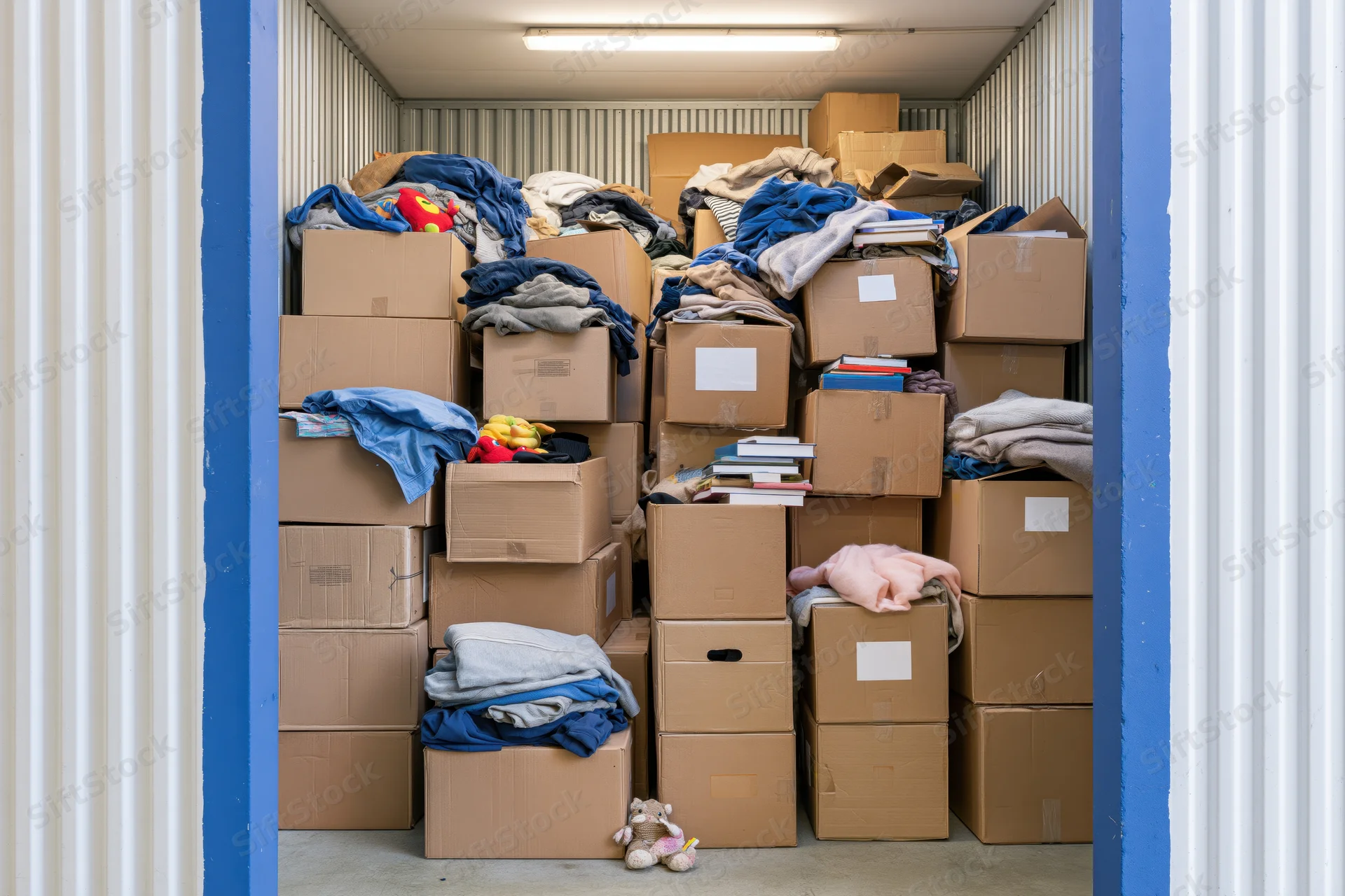Packed self-storage unit filled with stacked cardboard boxes and household items including clothes, books, and toys