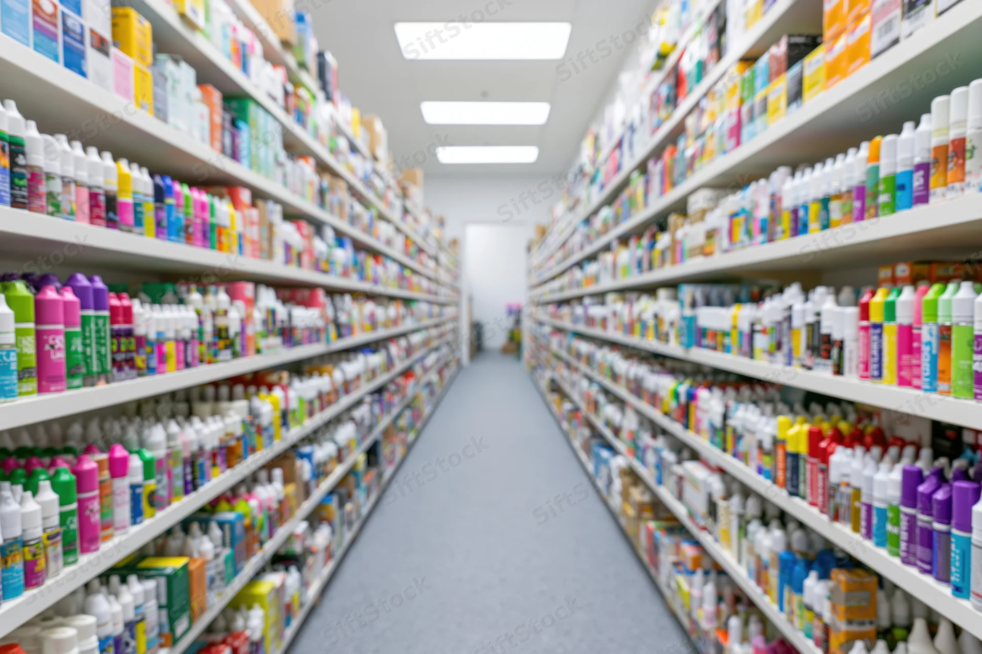 Aisle of vape and e-liquid products lined on shelves in a retail store interior