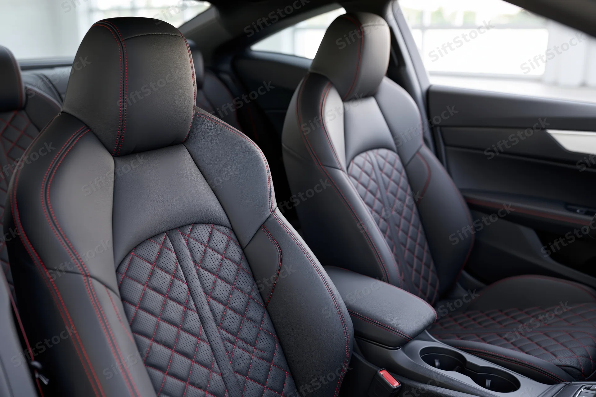 Black leather sport car seats with red stitching and diamond pattern in vehicle interior