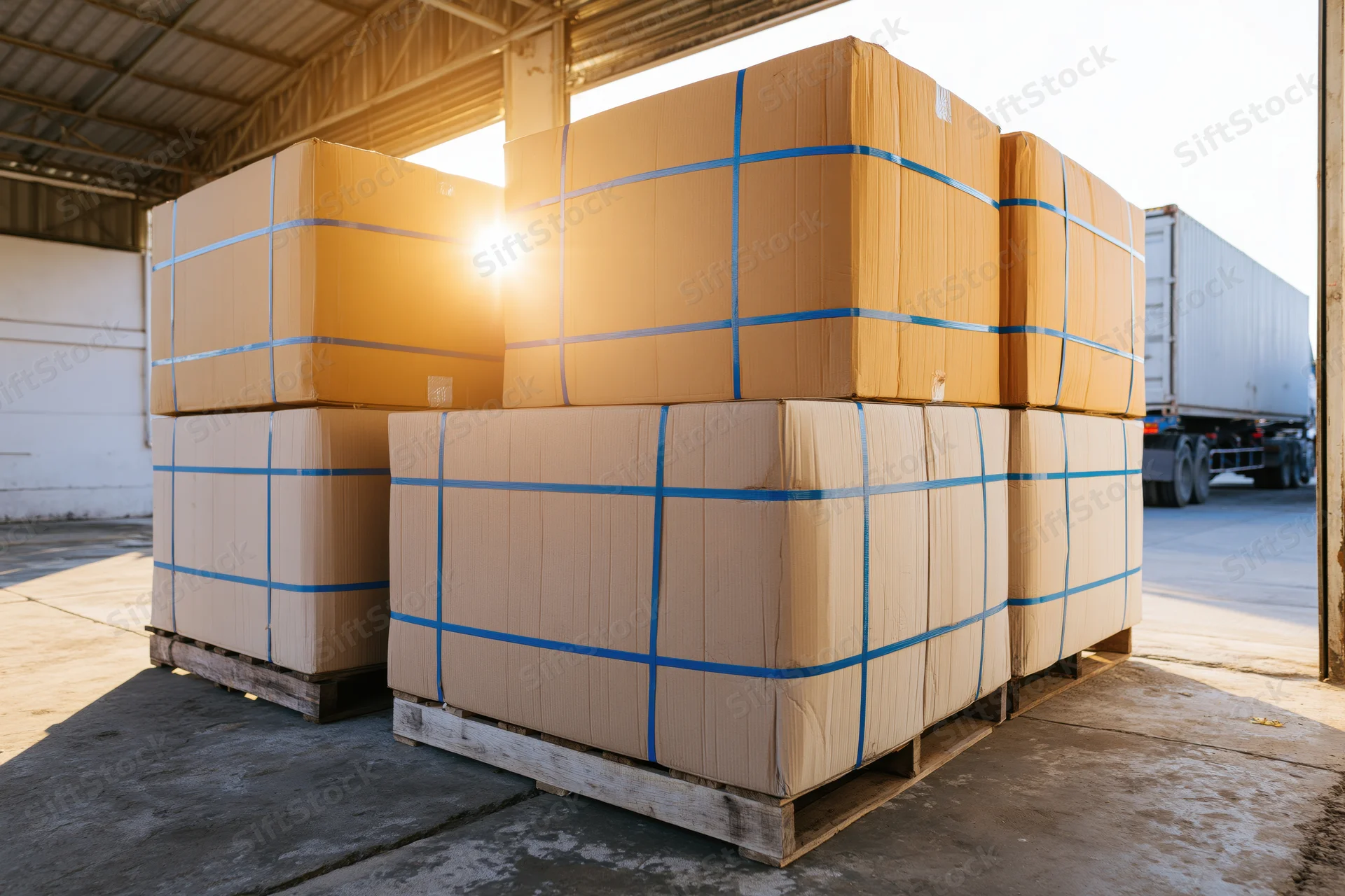 Large cardboard boxes stacked on wooden pallets wrapped in blue tape in a warehouse loading dock area