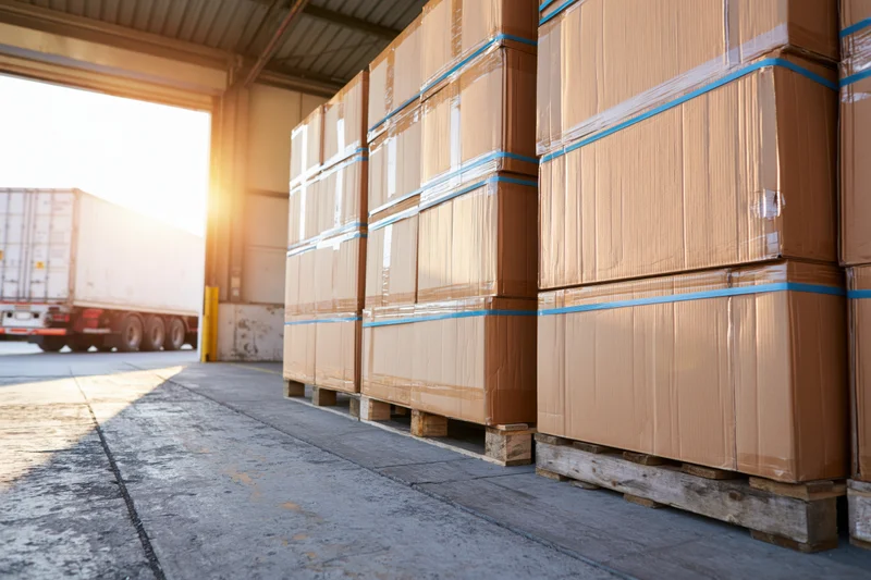 Stacked cardboard boxes on wooden pallets wrapped in blue strapping inside a warehouse loading dock with a truck outside