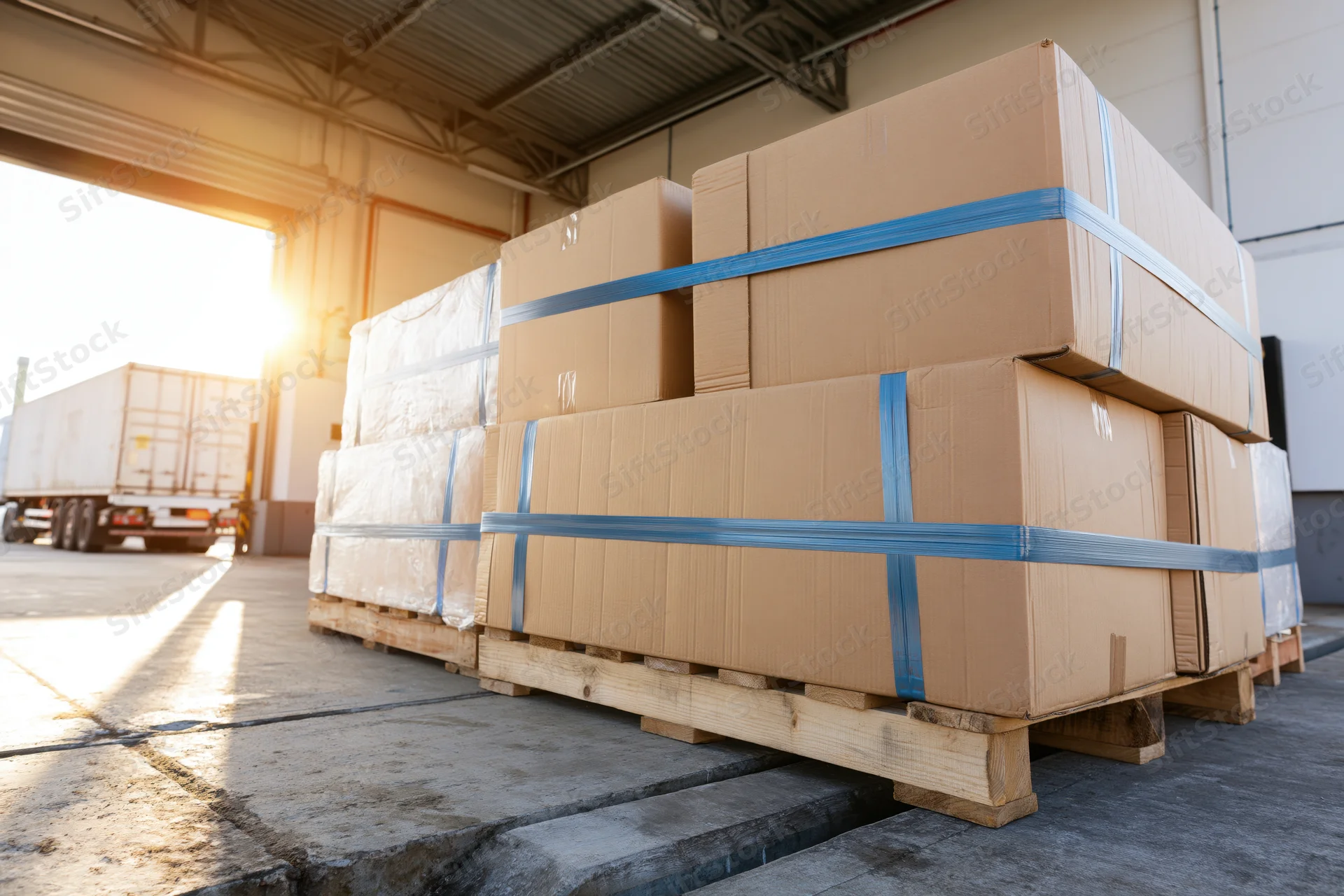 Stacked cardboard boxes secured with blue strapping on wooden pallets in a warehouse loading dock area