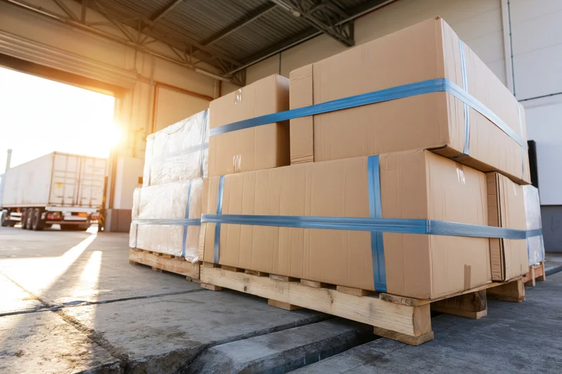 Stacked cardboard boxes secured with blue strapping on wooden pallets in a warehouse loading dock area