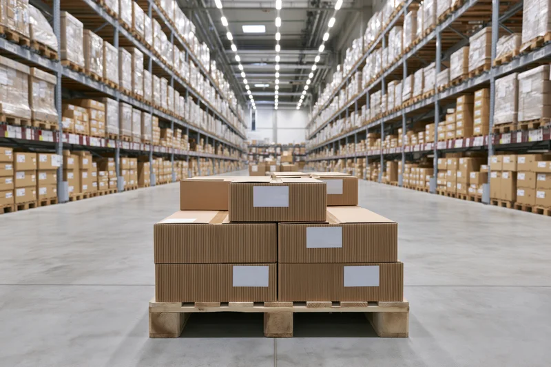 Stacked cardboard boxes on a pallet in a large warehouse aisle