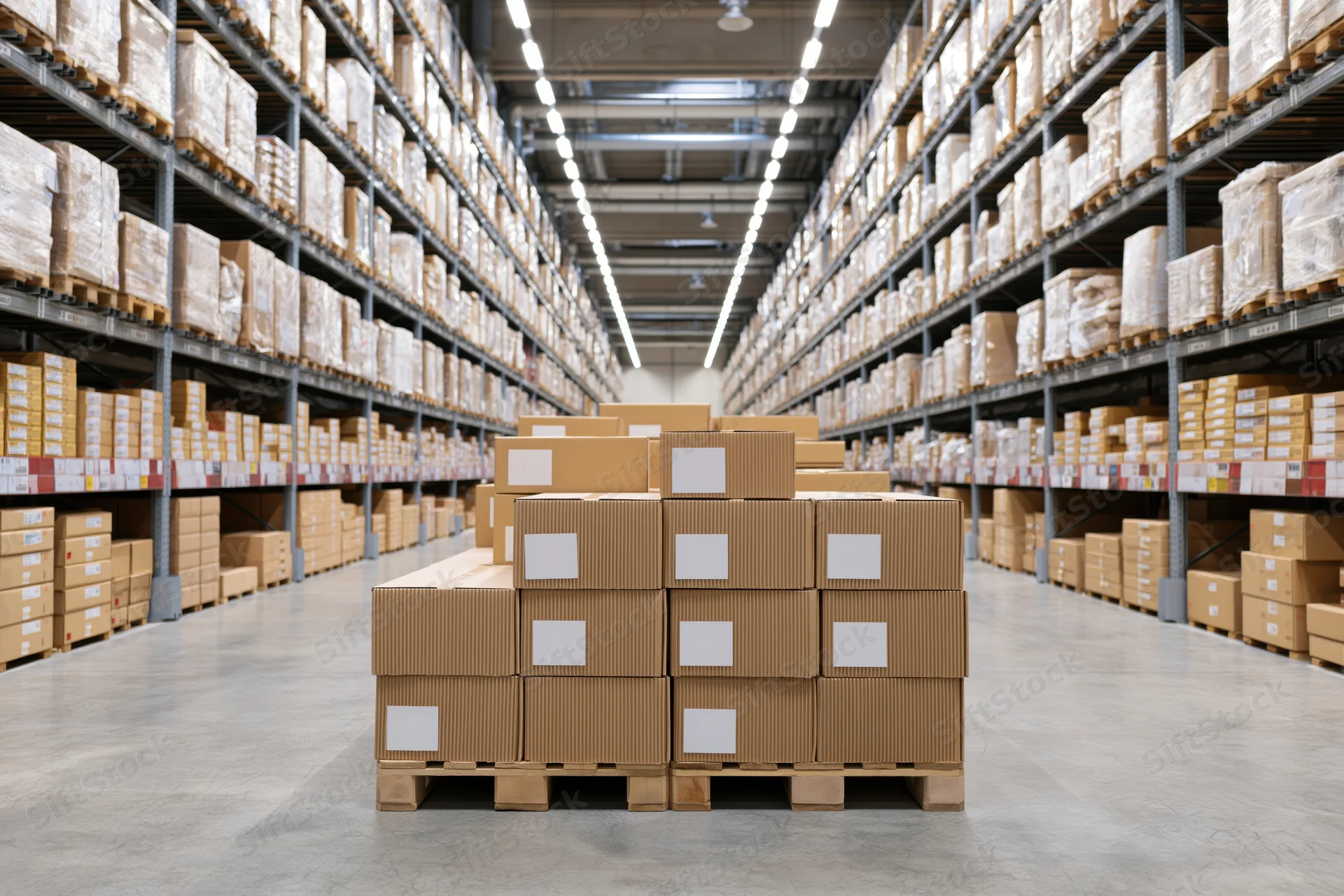 Stacked cardboard boxes on pallets in a large warehouse aisle with high shelving units on both sides
